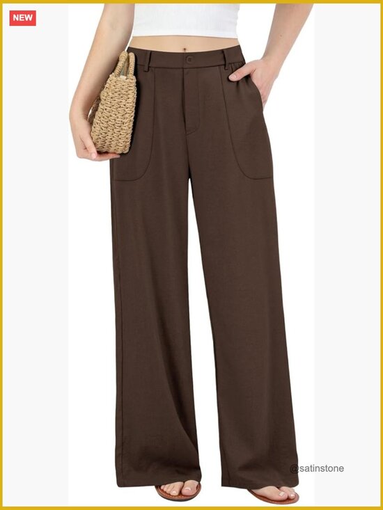 Pants - High Waisted Wide Leg Linen Cotton Blend Pants Pull On